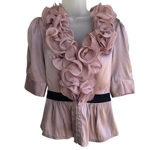 Bebe Pink Satin Ruffle Neck Peplum Blouse Shirt Top Women Small Office Siren Y2K